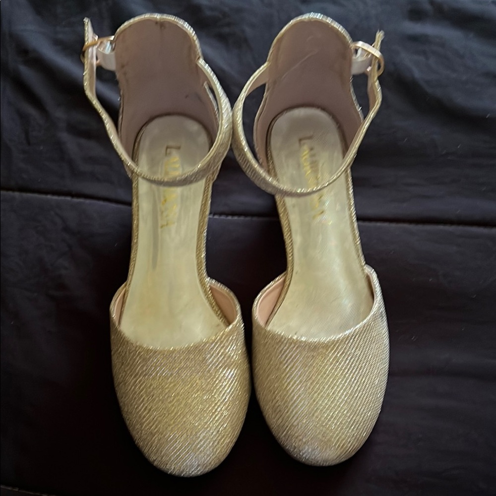 Gold Dress Shoes with Ankle Strap and Closed Toe